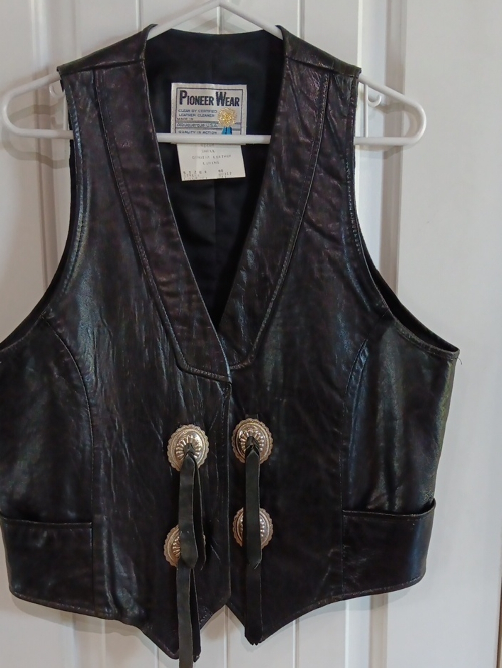 Pioneer Wear Vintage Black Cowhide Leather Vest Conchos 40